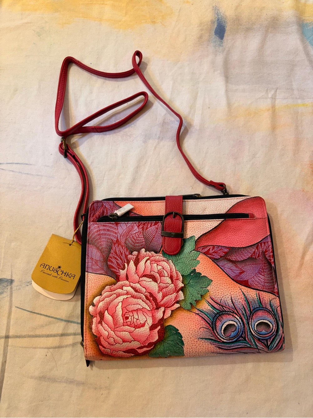 Anuschka Pink Floral & Peacock Feather Crossbody Bag